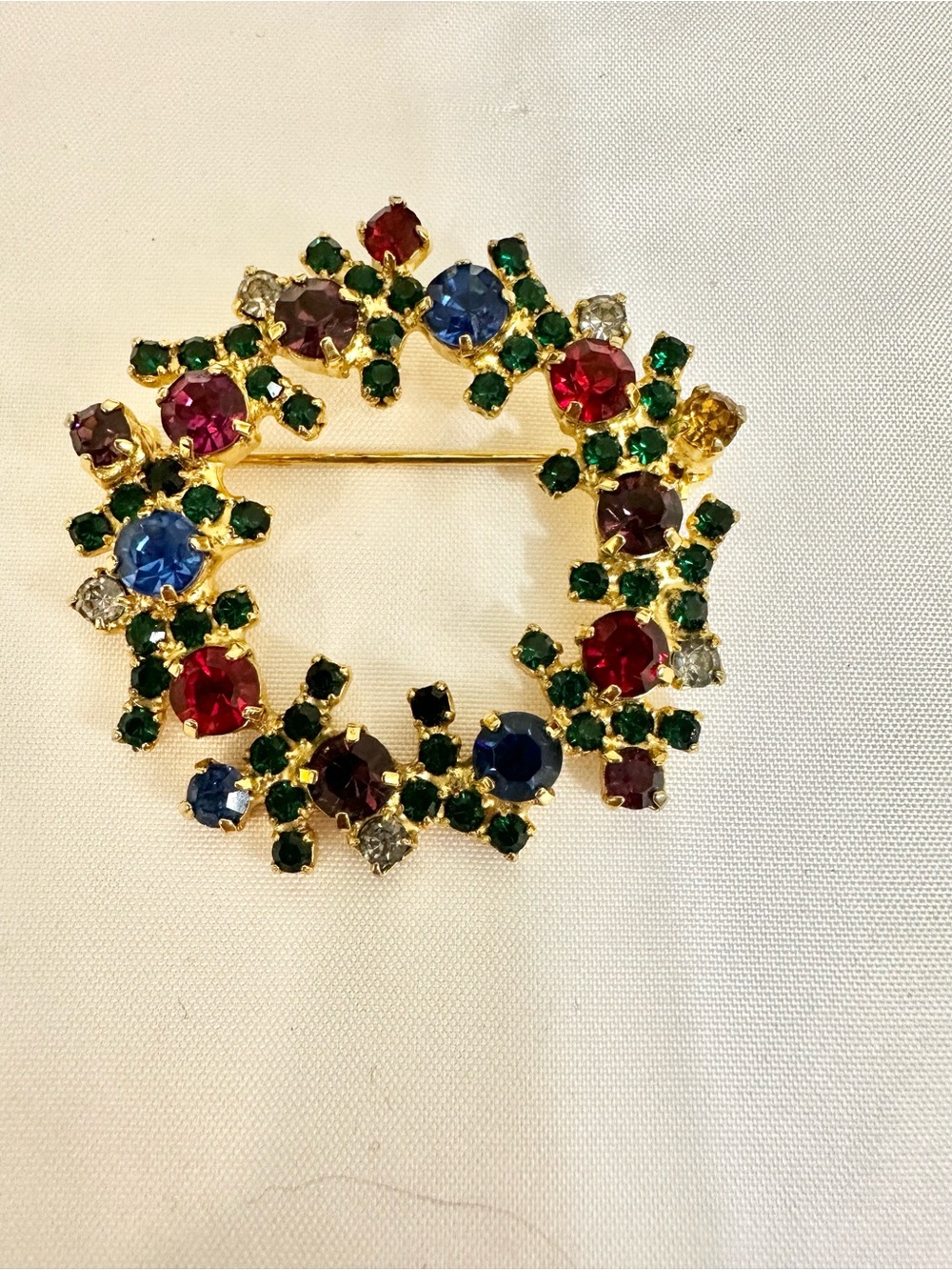 Gold-Tone Multicolor Crystal Wreath Brooch - Green, Red, Blue Accents